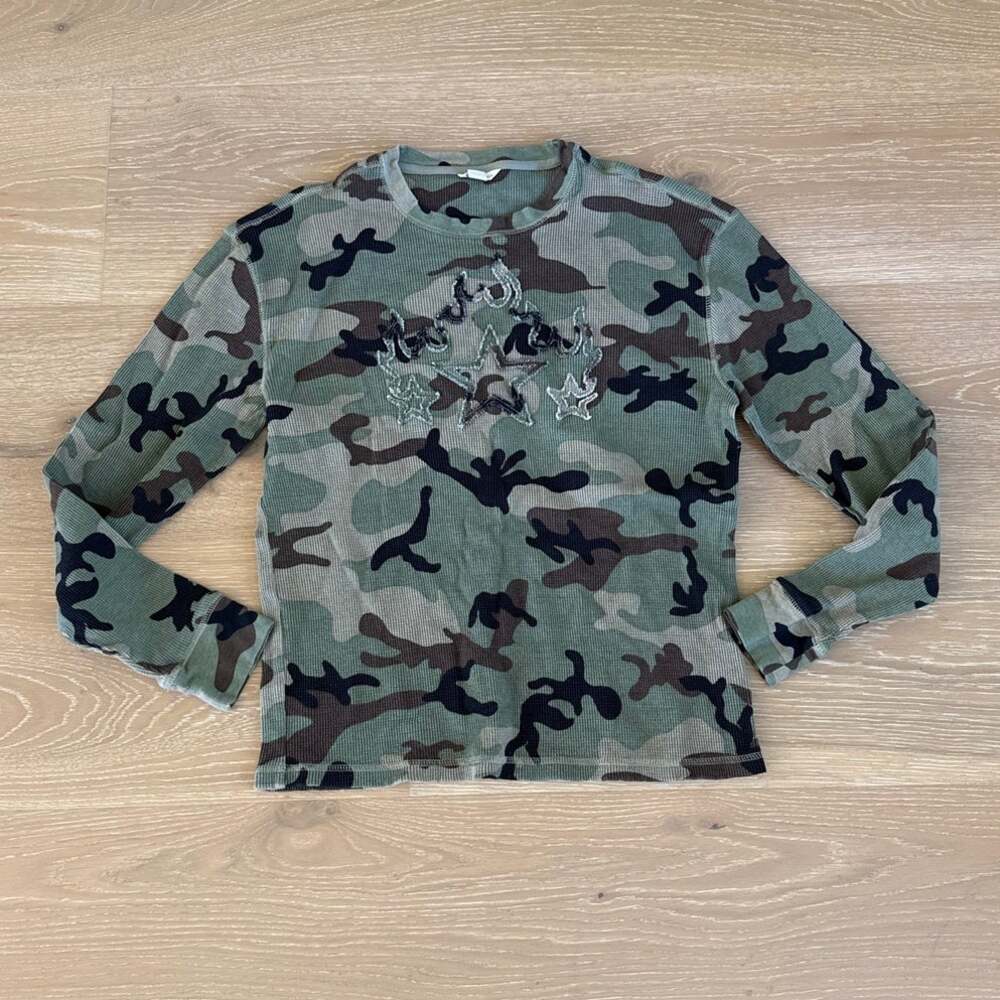 Aeropostale Tee Long Sleeve Camo Star Flame Graphic Size M Green Brown Black